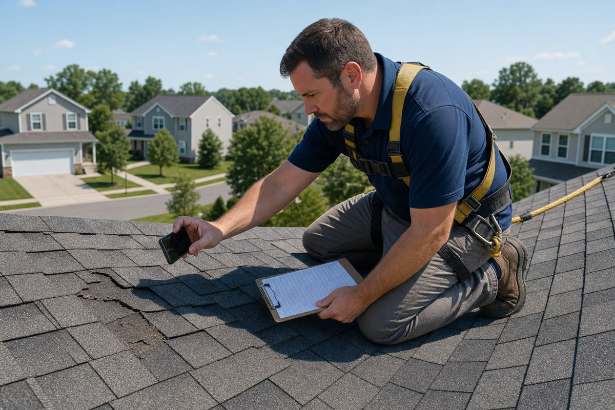 615 Roofing inspector documenting roof damage with photos and a report